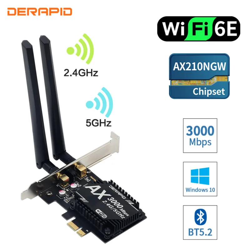 3000 Мбит/с Wi Fi 6E рабочего стола PCIe Беспроводной Вай Фай адаптер Intel AX210 Bluetooth 5 2