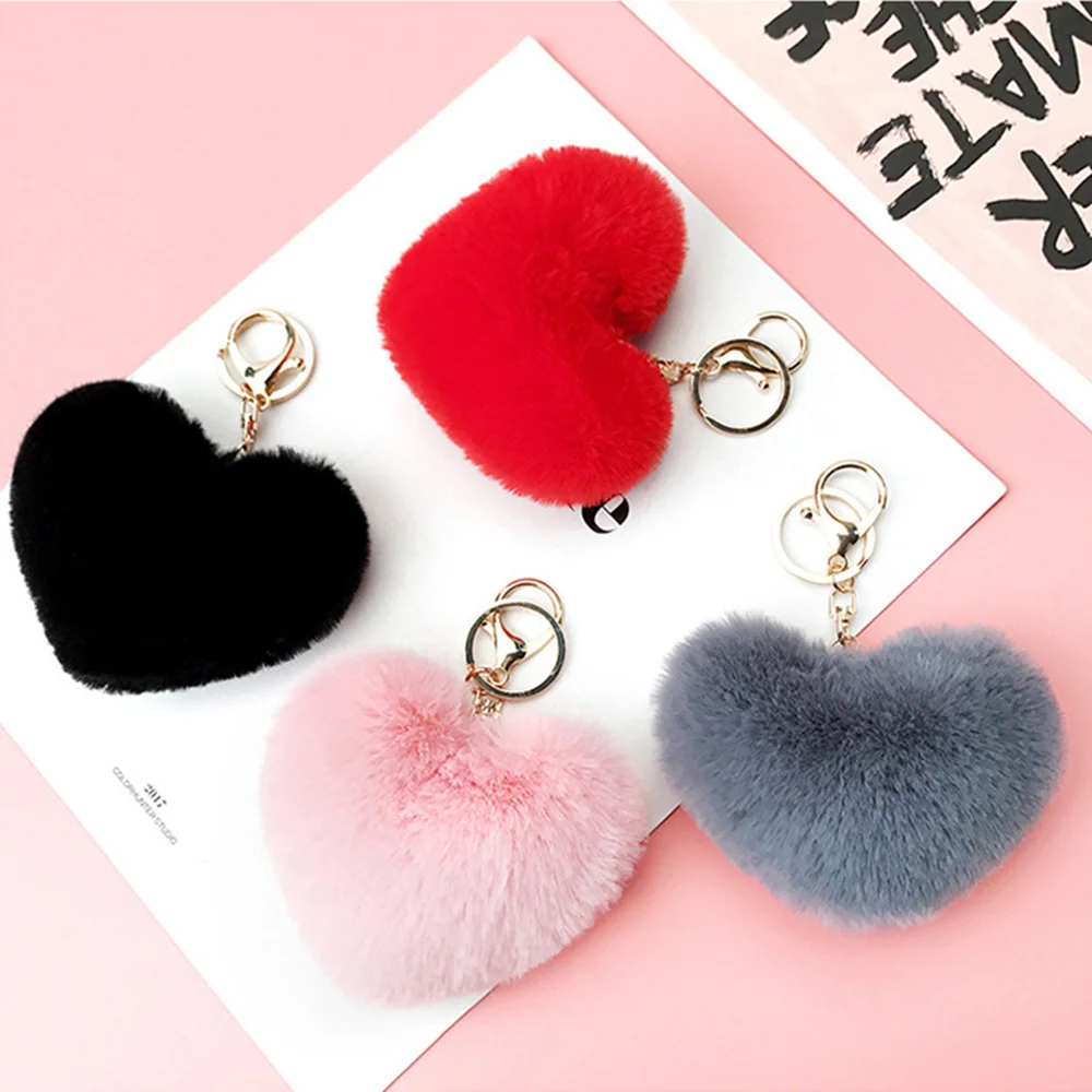 Nice Keyring Faux Fluffy Rabbit Fur Heart HandBag Pendant Charm Pompom Keychain