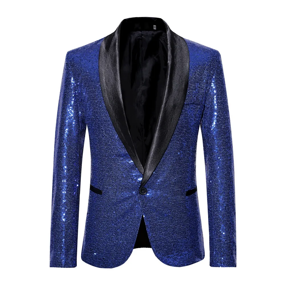 CYSINCOS мужской костюм с блестками, пиджак, блестящий золотой блестящий мужской пиджак с воротником-шалью, клубный DJ пиджак, одежда для сцены, певцы, свадьба - Цвет: Sapphire Blue