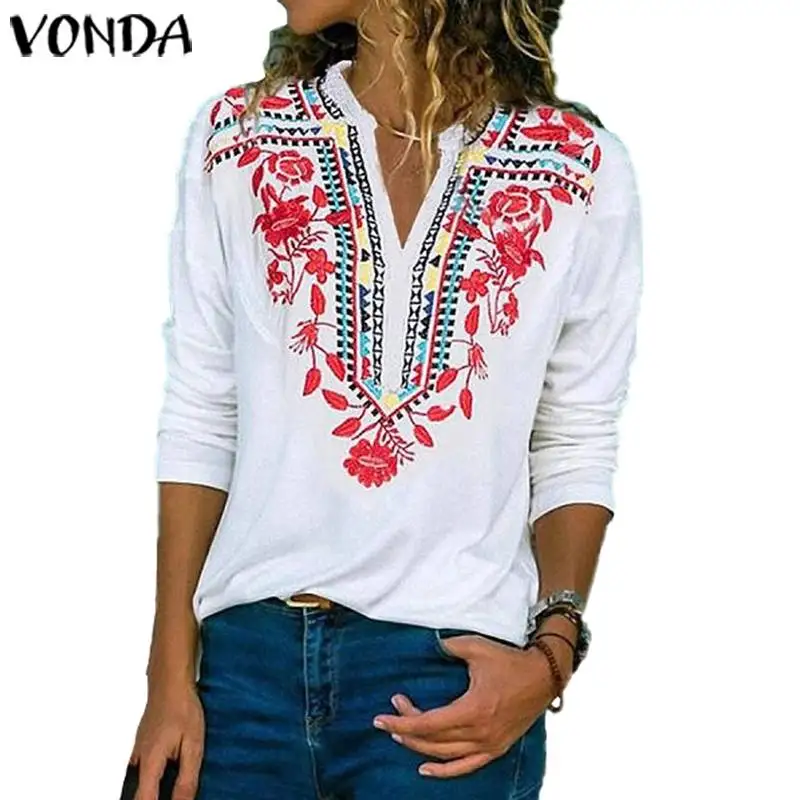 VONDA Women Tops Vintage V Neck Printed Blouse 2019 Autumn Long Sleeve Office Ladies Shirts Party Tops Casual Tunic Plus Size - 4.00041E+12