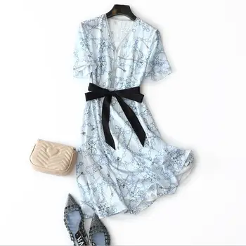 

European and American women's wear 2020 summer new style Short sleeve V-neck chain printing Fashion silk dress