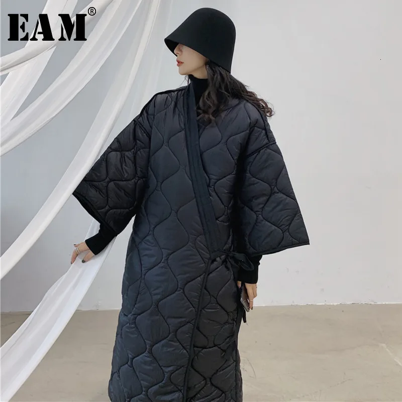 [EAM] Бандажное теплое пальто с хлопковой подкладкой большого размера, свободные женские парки с длинным рукавом, модная новинка осень-зима JD18601