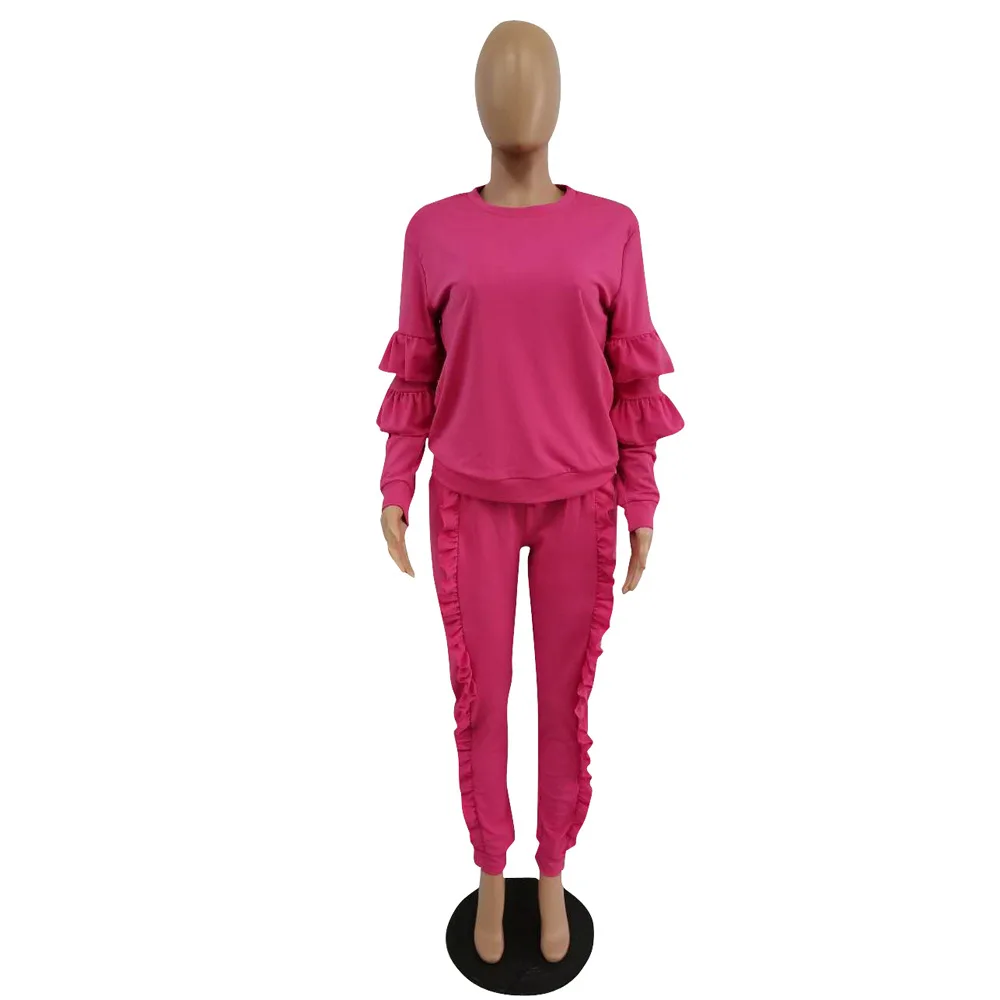 HAOYUAN размера плюс женский комплект 2 шт., спортивный костюм, Осень-зима, праздничный топ с оборками+ штаны, тренировочные костюмы, комплект из двух предметов, одинаковые комплекты - Цвет: rose