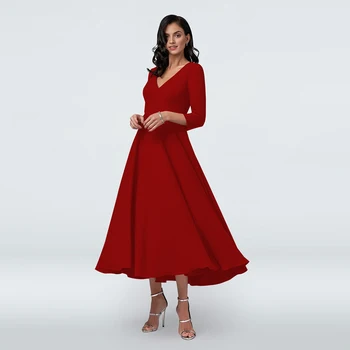 

Modern Elegant Red A Line Tea Length Mother of the Bride Dresses Chiffon V Neck Wedding Party Gowns Three Quarter Sleeve