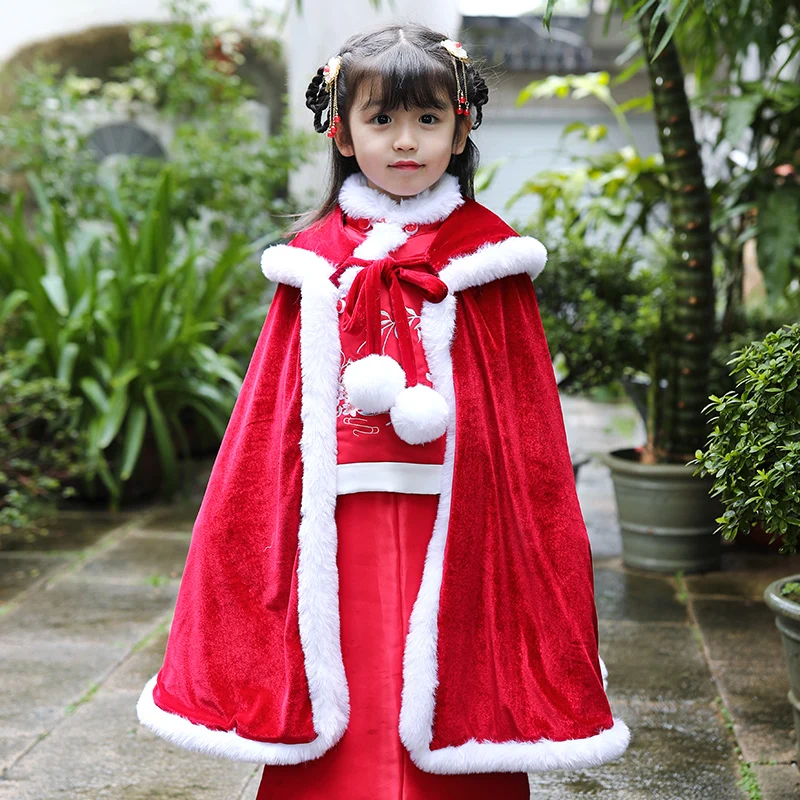 Hanfu/красный плащ для девочек, зимний длинный плащ, детская Мантия в древнем китайском стиле, Детские Рождественские накидки с капюшоном, Новогодняя одежда