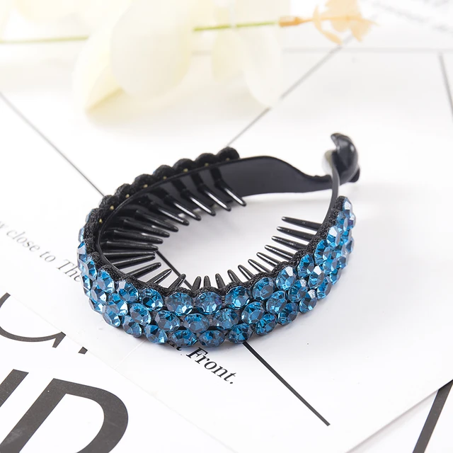 FORWOT Women Elegant Luxury Rhinestone Tassel Ponytail Hair Claws Hair Clips Barrettes Hairpin Headband Fashion Hair Accessories blue
