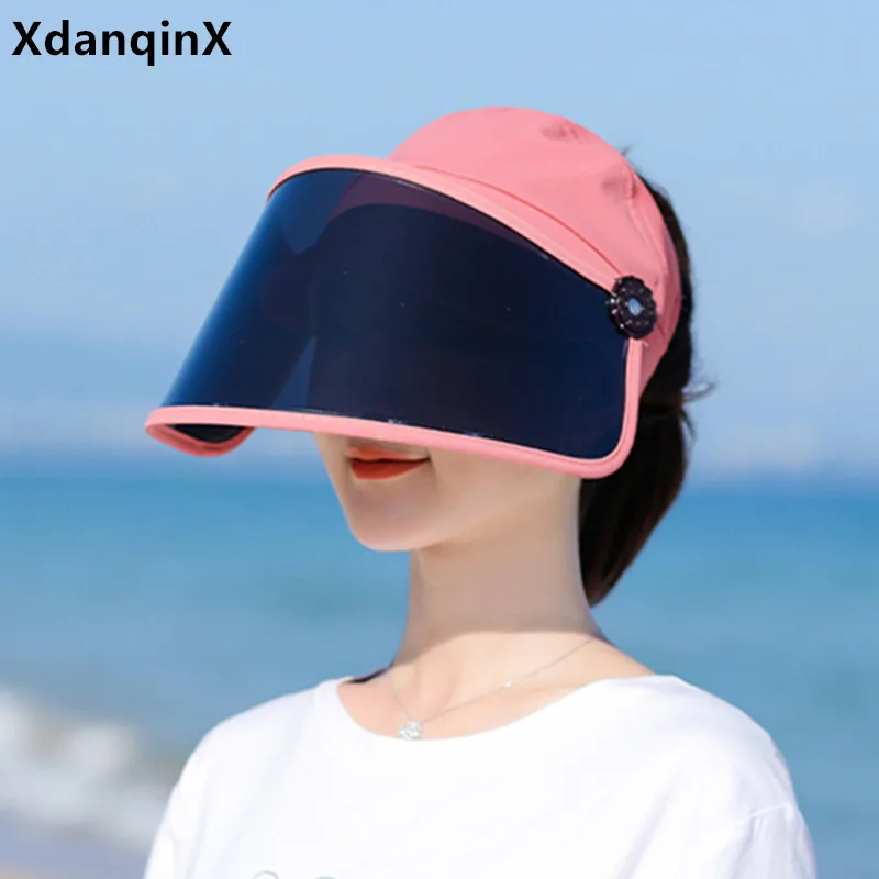 

2021 New Summer Women's Hat Anti-UV Sun Hats Retractable Brim See-through Lens Empty Top Cap Adjustable Sun Protection Beach Hat