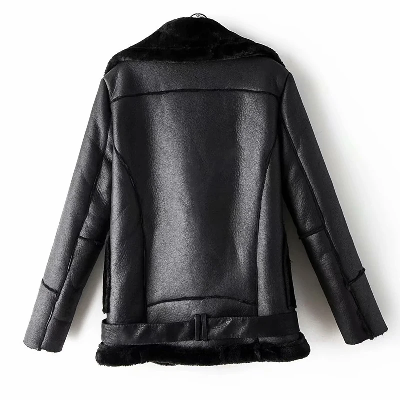 

Winter Women Warm Faux Soft Leather Lambs Wool Fur Jacket Overcoat Turndown Collar Loose Black Moto Zipper Outwear