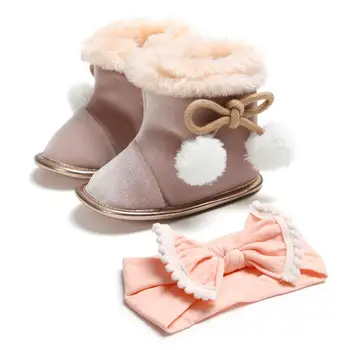 

For 0-18 Months Baby Kid Girls Winter Fur Boots Toddlers Soft Sole Short Warm Soft Snow Booties Girls Boots Shoes with headband