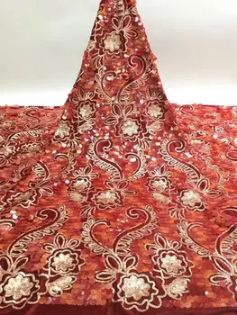 

High quality red 3D sequin style African velvet lace fabric, 5 yards per sequin embroidered lace fabric FJY112