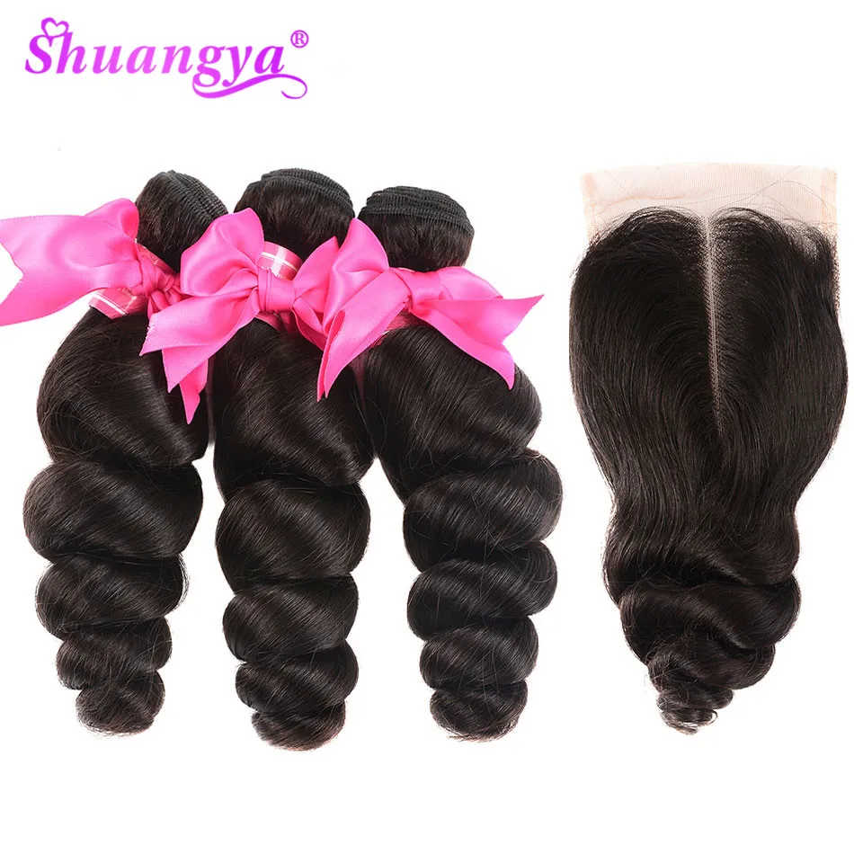 Shuangya Hair Indian Loose Wave Bundles With Closure Remy Hair Human Hair Bundles With Closure 3 Bundles With Closure