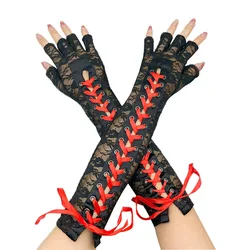 Woman  Lace Up Gloves Sexi  Long Touch Screen Bandage Wedding Etiquette Half Finger Riding Female Elbow Mesh Party Gothic