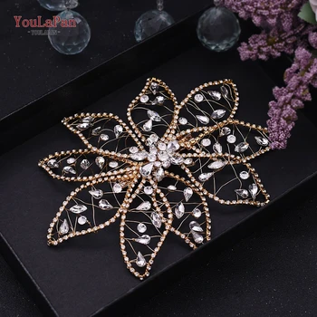 

TOPQUEEN Golden Rhinestone Bride Tiara Headband Bling Headband for Women Tiara Wedding Flower Hair Clip Wedding Headband HP248-G