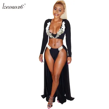 

Sexy Party Women Two Piece Sets Long Sleeve V Neck Floral Lace Crop Top And High Split Maxi Skirt Set Nightclub Dress Women Set