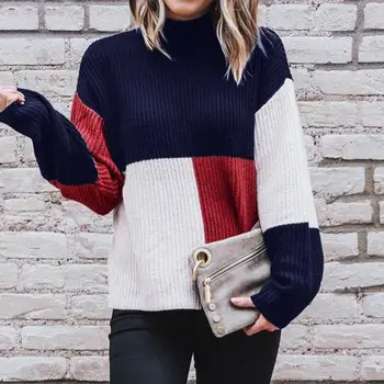 

Turtleneck Knitted Loose Pullover Autumn Women Long Sleeve Patchwork Sweater Casual Sweaters 2019 New Fashion Winter Pullover
