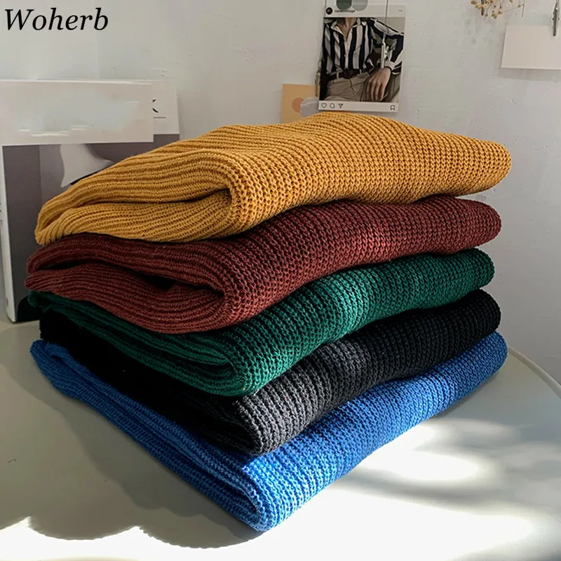 Woherb, Ретро стиль, повседневный свободный свитер для женщин, круглый вырез, длинный рукав, сплошной цвет, пуловеры, джемперы, корейская мода, новинка, Pull Femme 91272