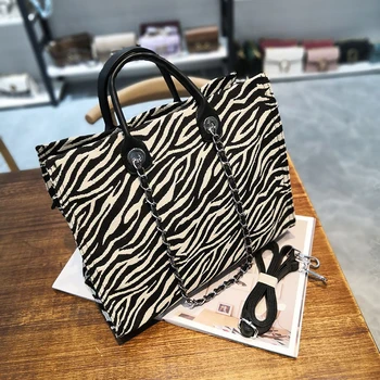 

Large Tote Bag Stylish Zebra Canvas Bag Handbag Daily Work Bags Women Business Bag Overnight Travel Chain Bags Huge Shoulder