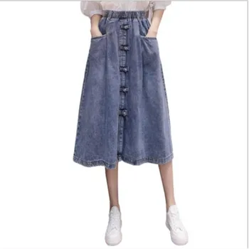 

Vintage Women Denim Skirts Plus Size 5XL High Elastic Waist Jeans Skirt Lady Summer 2020 New Button Cowboy Skirt Feminina M337