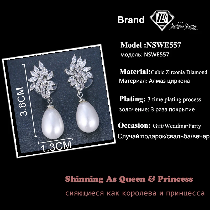 Women's Oval Simulated Pearl CZ Stone Drop Earrings with Leaf Design - Fashion Jewelry for Brides image 2