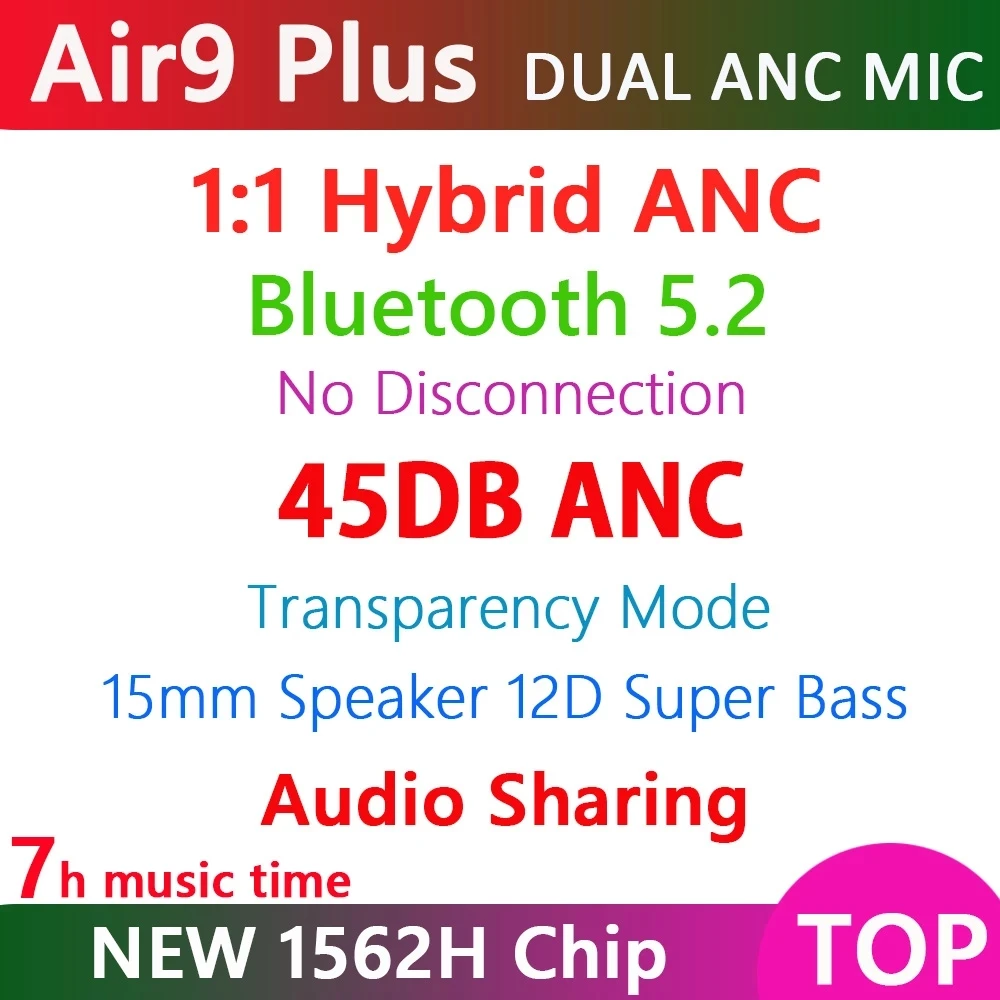 45db Air9 Plus TWS ANC Earphone Wireless Bluetooth Earbuds Noise Cancelling 12D Super Bass Airoha 1562H PK 1562A i99999 Plus