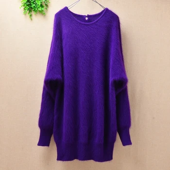

Top mujer femme winter thick warm angora rabbit fur o-neck long batwing sleeves mink cashmere loose basic pullover sweater coat