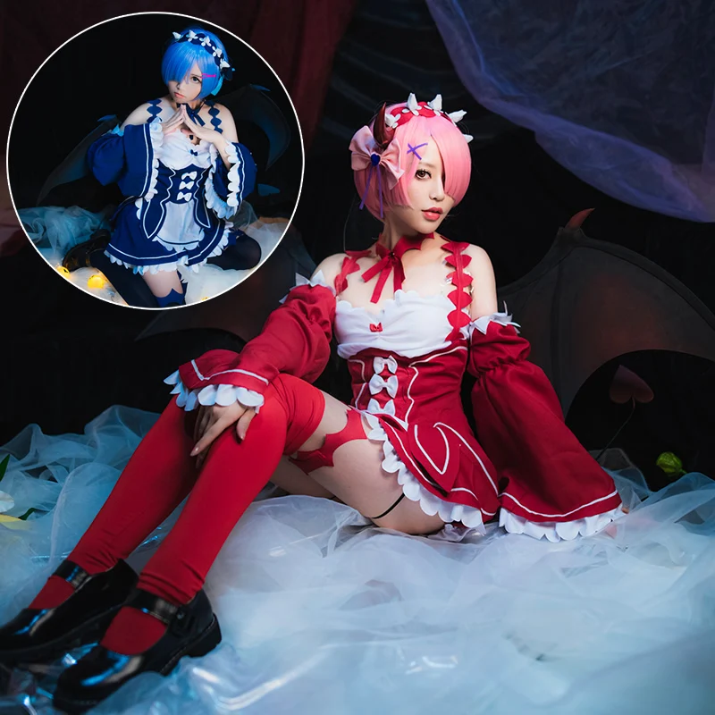 Аниме Re Zero Hajimeru Isekai Seikatsu REM ram костюм горничной на Хэллоуин платье лолиты форма косплей костюм розовый синий короткий парик