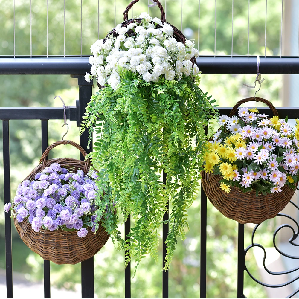 BE_ Imitation Rattan Wicker Wall Hanging Flower Basket Pot Balcony Garden Plante 