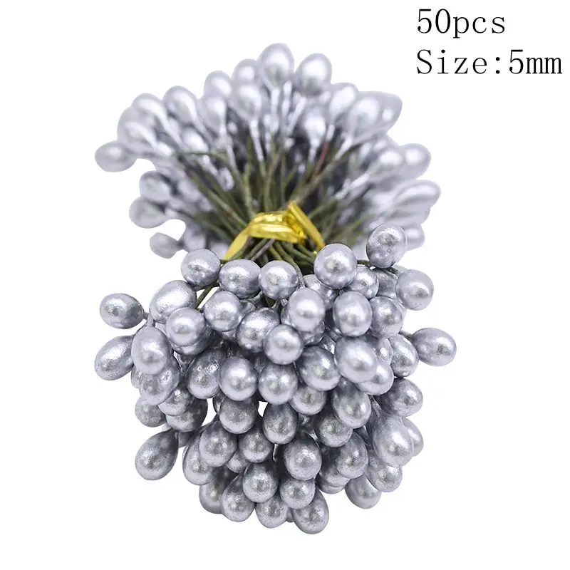 3mm/5mm/8mm Red Stamen DIY Wreath Artificial Flower Wire Stamens Cake Decoration Gift Box Accessories Wedding Xmas Party Supplie - Цвет: 50pcs 5mm silver