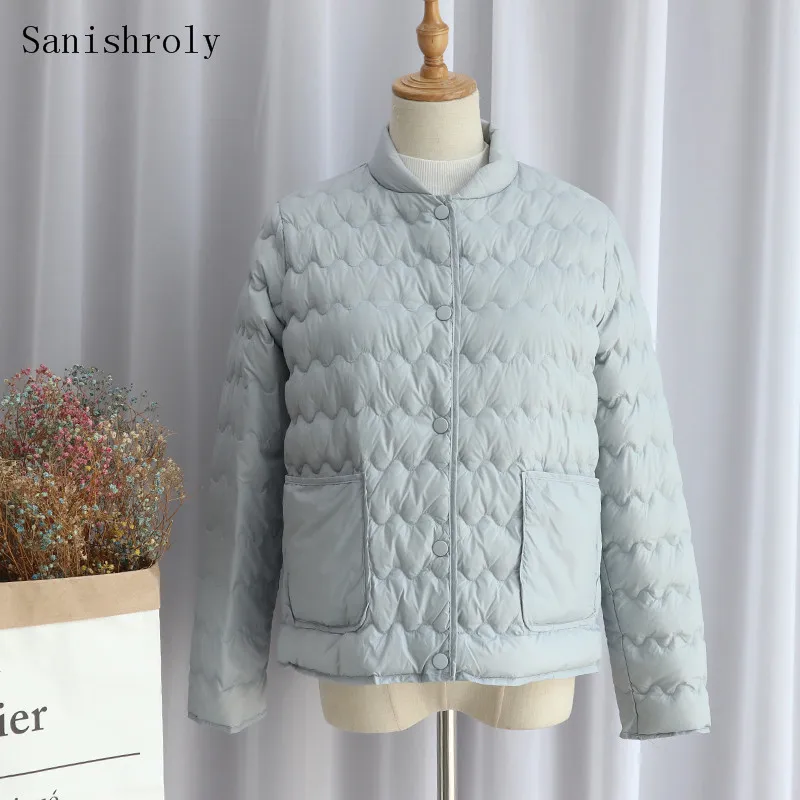 

Sanishroly Women Down Coat Autumn Winter Ultra Light White Duck Down Jacket Parka Female Short Wave Pattern Outwears Tops SE1088