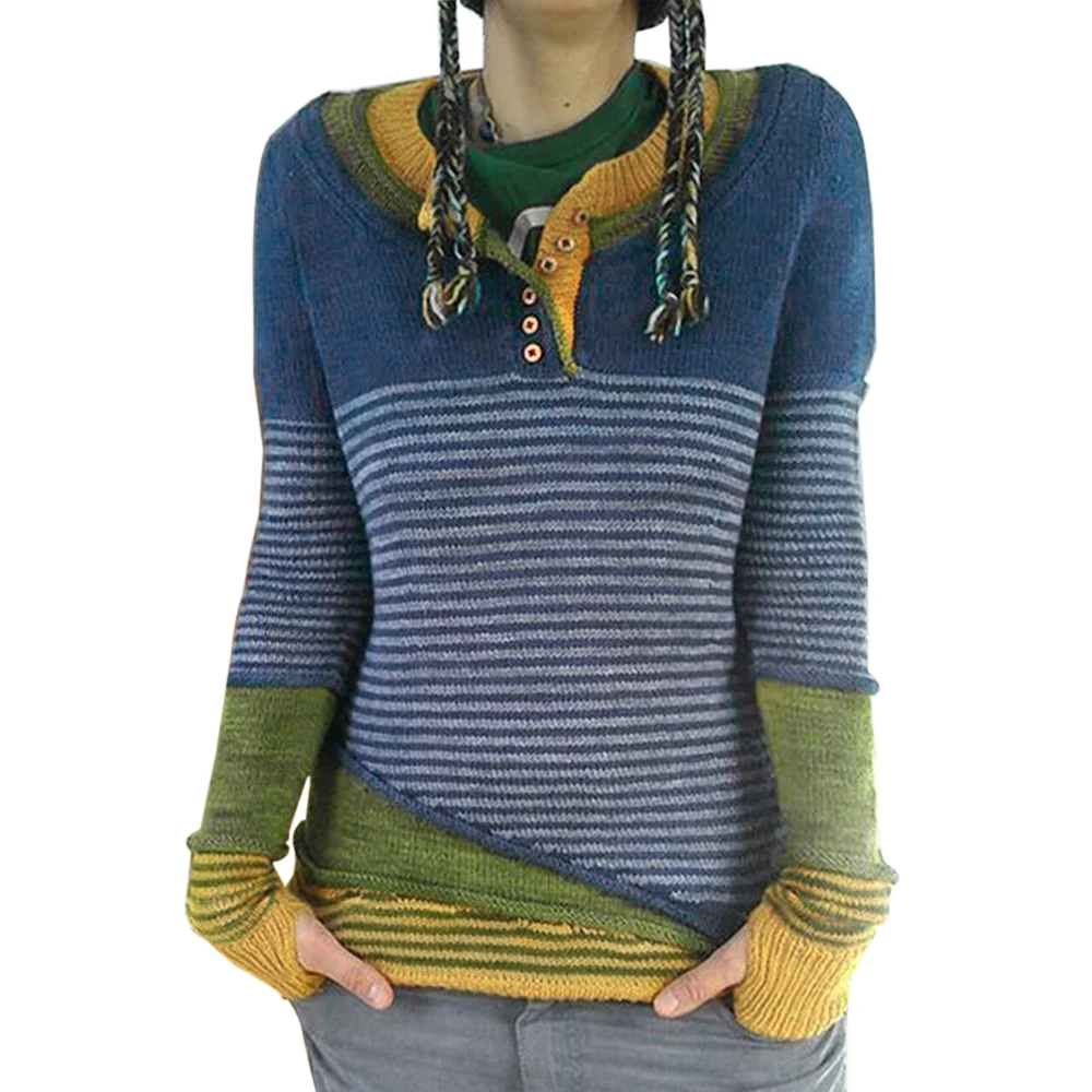 

Women Casual Knit Sweaters Autumn Winter O Neck Long Sleeve Buttons Pullover Ladies Striped Knitwear Female Knitted Sweater Tops