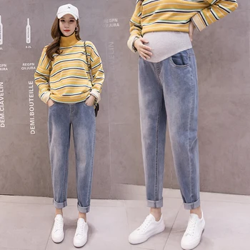 

1809# Autumn Thicken Denim Maternity Straight Jeans Adjustable Belly Pants Clothes for Pregnant Women Pregnancy Casual Trousers