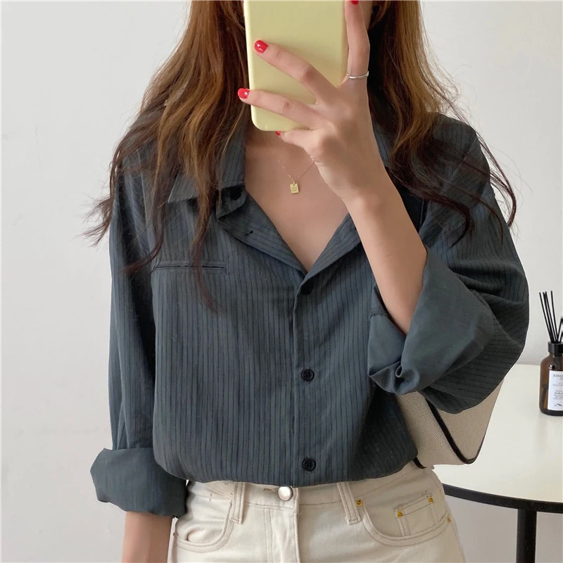 

Shintimes Striped Women Blouse Button Long Sleeve Blouses Woman Clothes 2020 Spring Fall Korean Fashion Ladies Tops Blusas Mujer