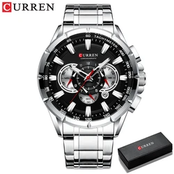 CURREN Men's Stainless Steel Chronograph Watch with Luminous Hands and Large Dial (Silver black box)