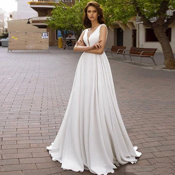 

Eightale Wedding Dress 2020 V-Neck A-Line Appliques Lace Cute Wedding Gowns Satin Backless Boho Bridal Dresses