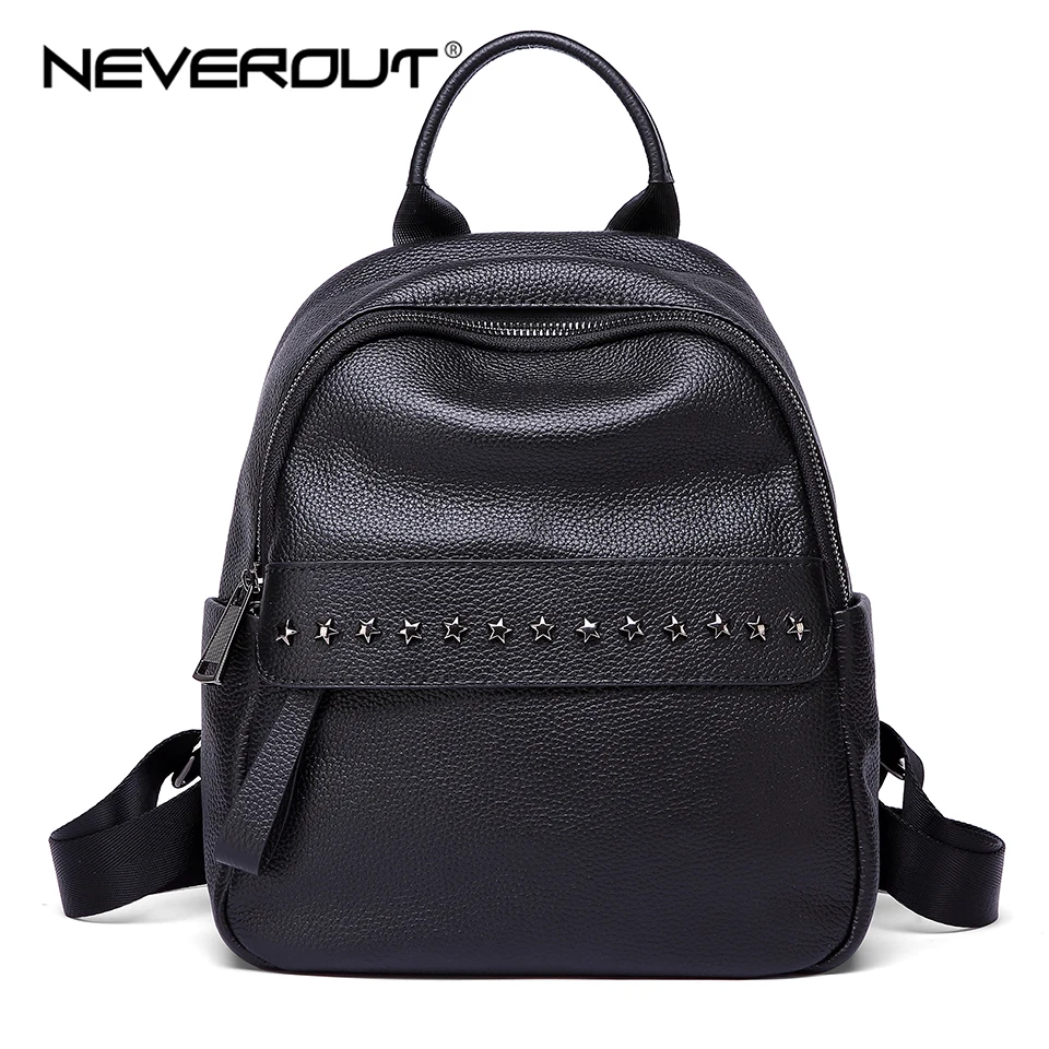 

NEVEROUT Zipper Women Backpack Ladies Genuine Leather Backpacks Small Black Shoulder Bag High Quality Girls Travel / School Bag