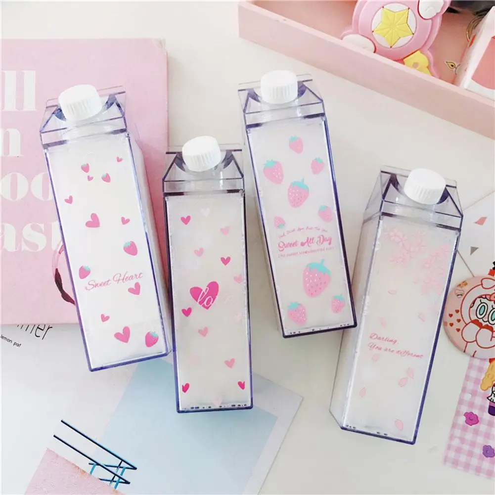 

Outdoor Cartoon Cute Sakura Strawberry Water Bottle Milk Box Shape Transparent Plastic Portable Drinking Water Bottle BPA Free
