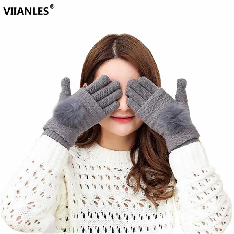 VIIANLES Winter Warm Mittens Pompon Gloves Touched Screen Glove Women Wool Mitten Girl Dark Gray 3 Ways Use Rabbit Fur Thicken | Аксессуары