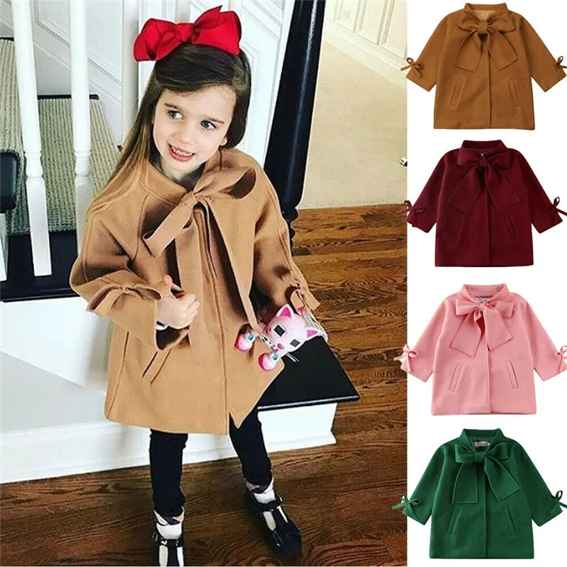 PUDCOCO Toddler Kids Baby Girls Warm Wool Blends Bowknot Trench Coat