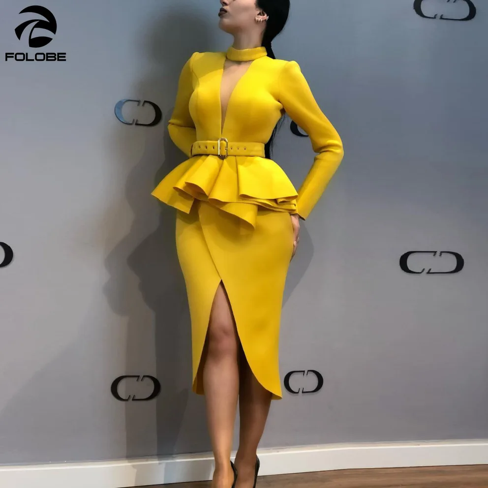 

FOLOBE 2019 Fall Women Long Sleeve Mid-Calf Falbala Asymmetrical Standard-Waist Dress Office Lady Sheath Solid Sexy O-Neck Dress