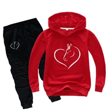 Одежда для мальчиков и девочек с принтом «Лошадь»; детские толстовки с капюшоном; сезон весна-осень; штаны-шаровары; повседневный костюм для бега