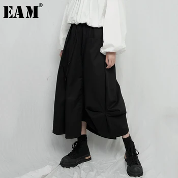 

[EAM] High Elastic Waist Black Pleated Asymmetrical Long Half-body Skirt Women Fashion Tide New Spring Autumn 2020 1T526