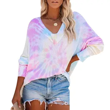 

2020 Autumn Gradient clothes Women Tie dye Print V-neck Long Sleeve Shirt Sweatshirt Streetwear Causal Harajuku Plus Size Tops