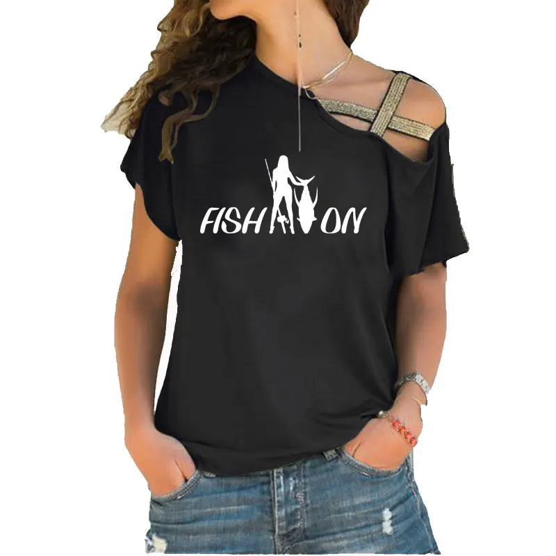 

Small Fish on Girl Fishing print T shirt Summer Women Cotton Short Sleeve Irregular Skew Cross Bandage T shirt