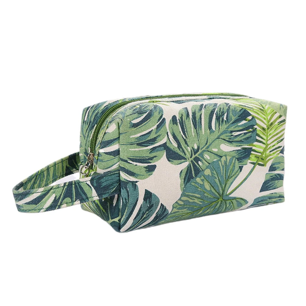 

Home Multi Shape Travel Cosmetic Bag Lipstick Storage Fresh Zipper Closure Practical Leaf Print Canvas Simple Wash Fashion