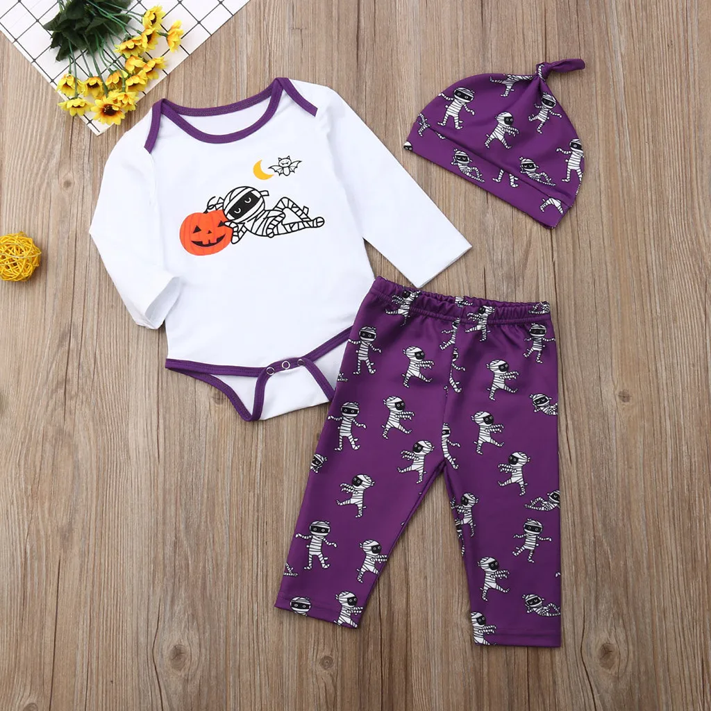 Festival-wear Clothes Newborn Infant Clothing set Baby Boy Girl Costume Halloween Print Romper Ghost Pumkin Mummy Pants Hat Set
