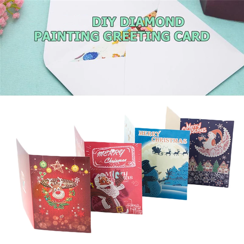4pcs Christmas Greeting Card DIY Special Diamond Painting Embroidery Greeting Card Birthday Christmas Gift Navidad 40OCT712
