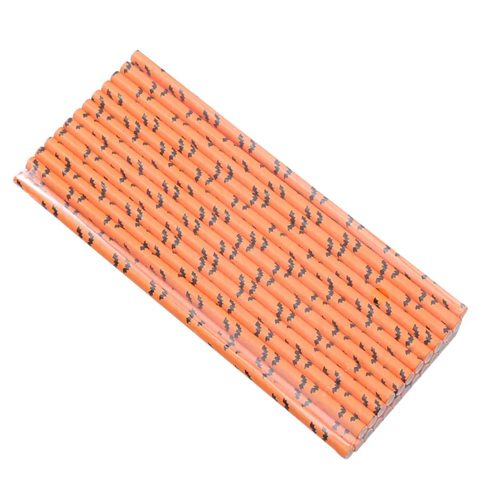 Halloween Black and Orange Paper Straws Home Party Halloween Props Decoration Pumpkin Bat Skeleton Pattern Disposable Straw