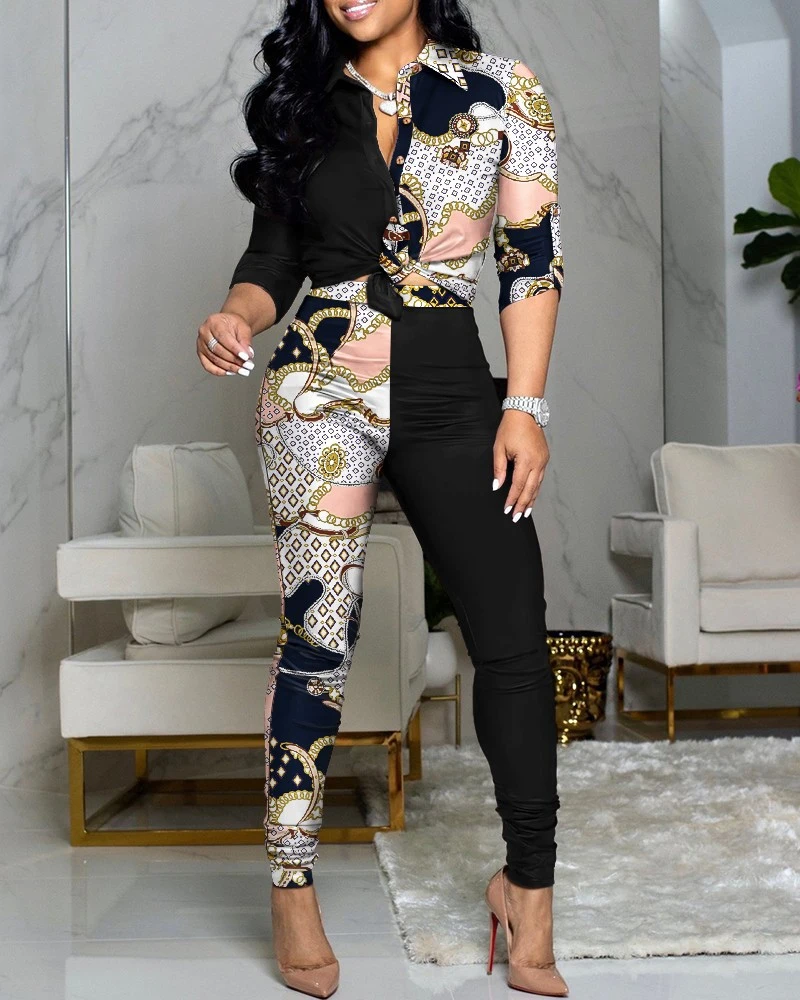 Autumn Women 2 Pieces Vintage Print Patchwork Shirt & Skinny Pants Set 2021 Femme Casual Suit Set dressy pant suits