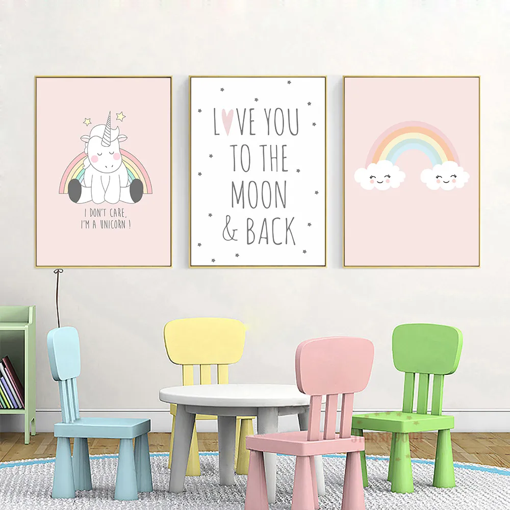 Rainbow Canvas Painting Kids Poster Nordic Pink Picture Unicorn Poster Nursery Posters and Prints Baby Rooms Quote Art Unframed