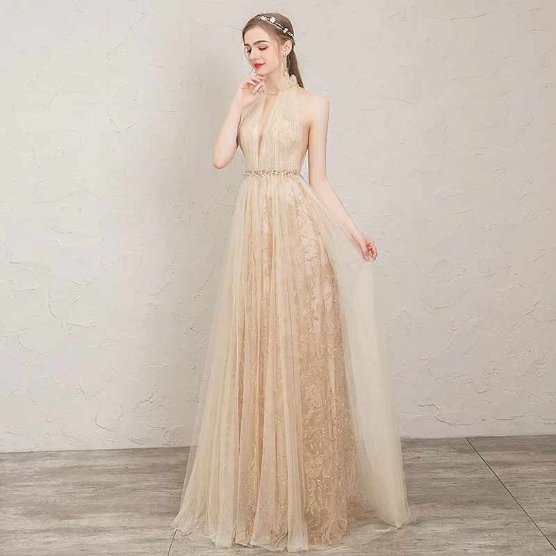 

Sexy Evening Dress Female 2019 New Summer Long Style Party Noble Deep V-neck Emboridery Organza Crystal Sashes Formal Dress